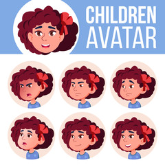 Girl Avatar Set Kid Vector. Kindergarten. Face Emotions. Web, Head, Icon. Beauty, Lifestyle, Friendly. Poster, Clipart. Cartoon Head Illustration © PikePicture