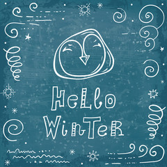 Fototapeta na wymiar Card with a penguin and the words hello winter. Hand drawn vector banner on a holiday theme. Doodle postcard.