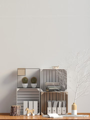 Modern interior in the style scandinavian, a place for storage. 3D illustration. Wall mock up