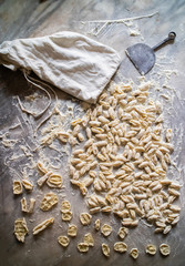 Cavatielli. Italian traditional fresh homemade pasta on a marble