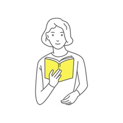 Woman reading a book, cartoon style vector illustration isolated on white background. Studying concept. Line art illustration