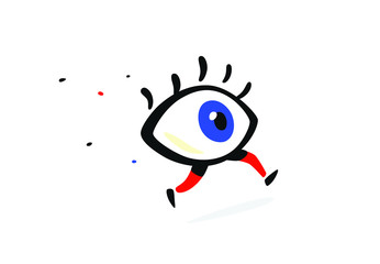 Illustration of a running eye. Vector. Cartoon flat style. Character for company and logo. Brand Eye Clinic. The whole thing icon. All-seeing eye.