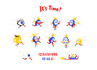 Cartoon characters alarm clock. Vector. Set of emotions and alarm clocks. The life of the clock. Logo for company, print and website. Time to wake up! Work mode. Eye, a cup of coffee, the sun. Morning