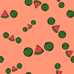 Seamless doodle Watermelons on pink background. EPS 10