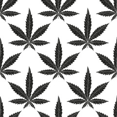 Cannabis. Sheet. Black silhouette on white background. Wallpaper, texture, seamless.