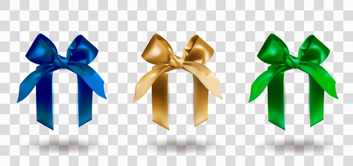 Set of three blue, golden and green elegant bows with knots. Object isolated on transparent background. Realistic vector illustration.