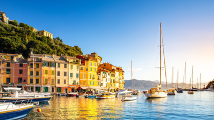 Fototapeta na wymiar Beautiful sea coast with colorful houses in Portofino, Italy. Summer landscape