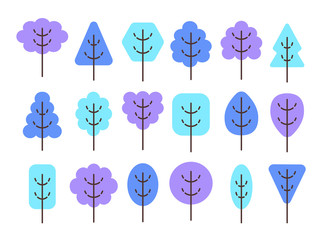Simple geometric trees symbols. Flat icon set of blue winter forest plants. Natural park signs. Isolated object