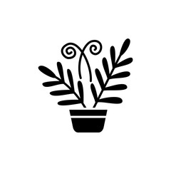 Black & white vector illustration of fern with leaves in pot. Decorative home plant in container. Flat icon of indoor plant for conservatory & terrarium. Isolated object
