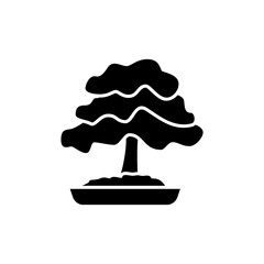 Black & white vector illustration of bonsai with leaves in pot. Decorative mini tree in container. Flat icon of indoor green foliage plant. Isolated object