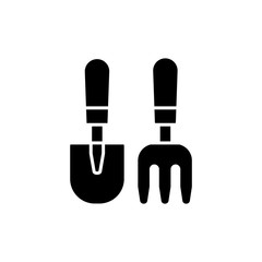 Black & white vector illustration of gardening tools. Flat icon of small hand shovel & fork for house plants. Isolated object