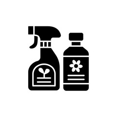 Black & white vector illustration of plant doctor & food spray. Flower care in the bottles. Flat icon of fertilizer for home plants. Isolated object