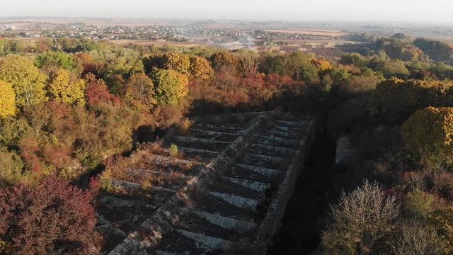 Flight Over the Roof of the Old Fortress, Tarakaniv Fortress, Forest Around an Abandoned Fortress of Second World War