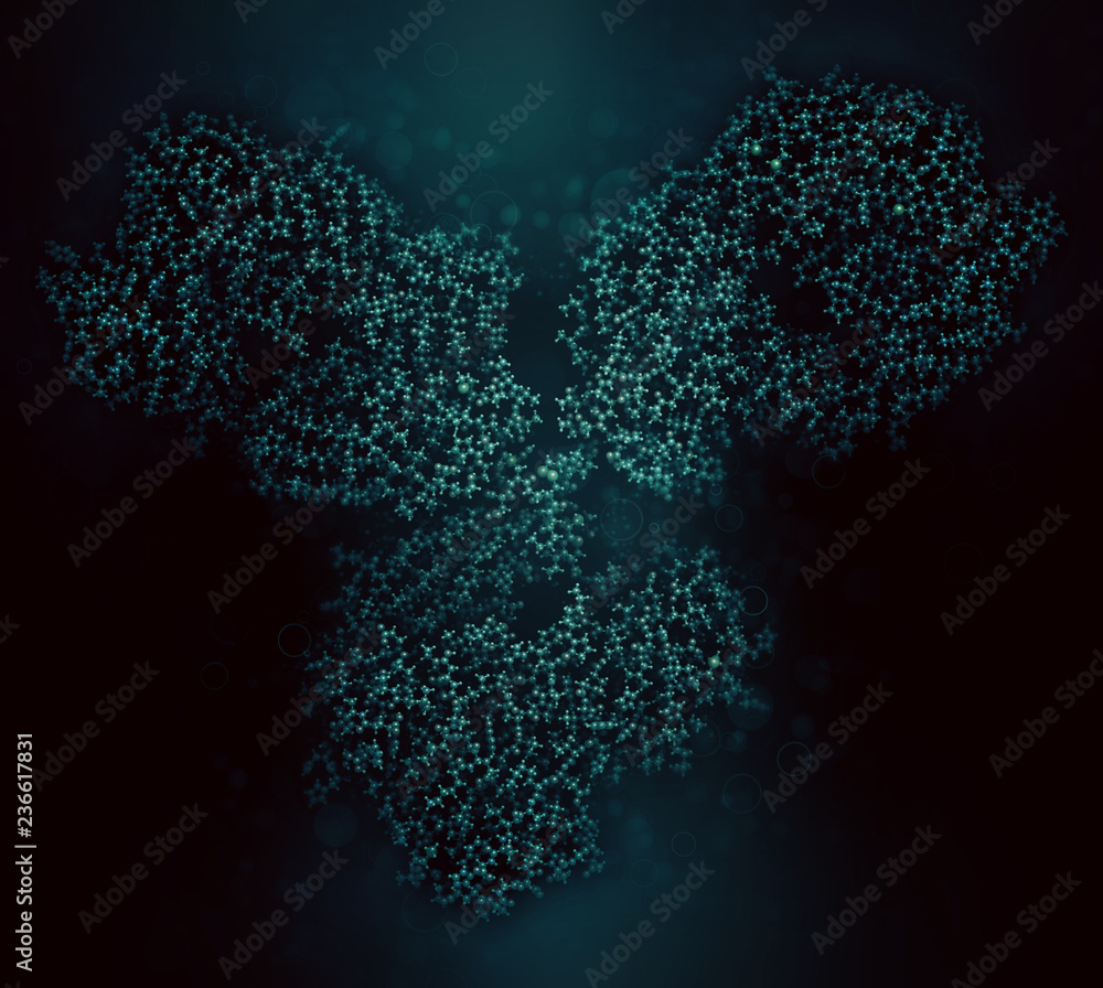 Wall mural IgG1 monoclonal antibody (immunoglobulin). Many biotech drugs are antibodies. 3D rendering based on protein data bank entry 1igy. Ball-and-stick model, black background.