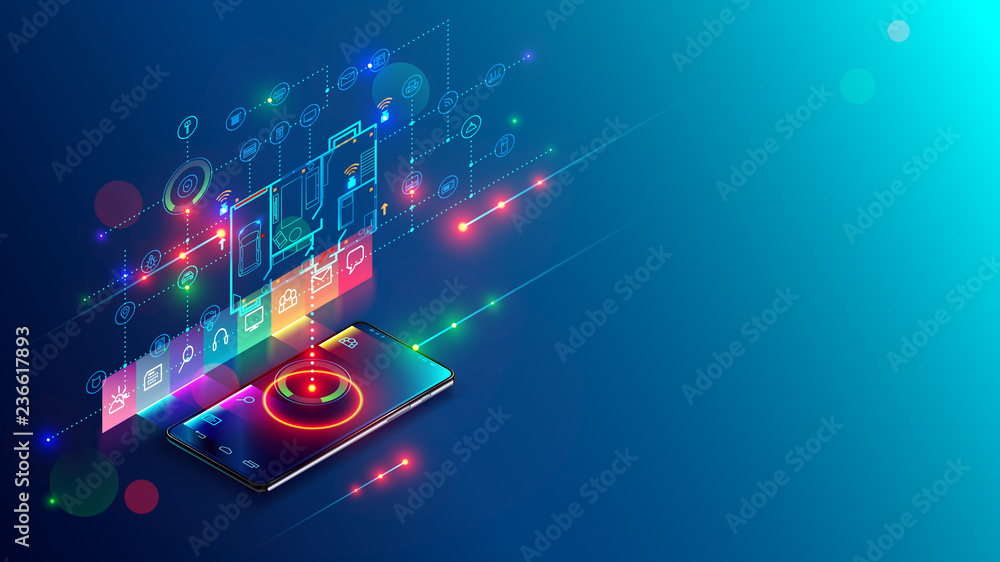 Poster Concept development abstract smart home system. Mobile app showing plan building IOT devices. Isometric infographics illustration about internet of things on holographic drawing building on smartphone