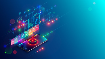 Concept development abstract smart home system. Mobile app showing plan building IOT devices. Isometric infographics illustration about internet of things on holographic drawing building on smartphone