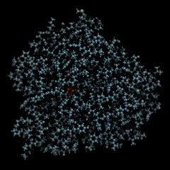 Cytochrome P450 (CYP2D6) liver enzyme, in complex with the alkaloid quinine. 3D rendering based on protein data bank entry 4wnv. Ball-and-stick model, black background.