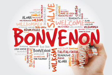 Bonvenon (Welcome in Esperanto) word cloud with marker in different languages, conceptual background