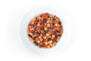 top view of pasta e fagioli. Traditional italian dish on white background