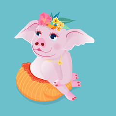 Cute pig sit squat on the floor in a polite attitude,wearing necklace and decorate flower on head, on blue background.