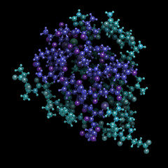 Insulin peptide hormone. Important drug in treatment of diabetes. 3D Rendering based on protein data bank entry 1trz. Ball-and-stick model, black background. A chain colored blue, B chain cyan.