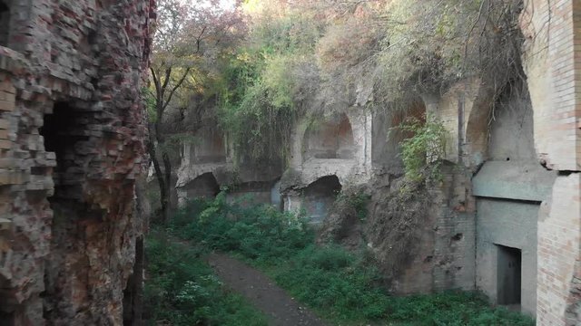 Abandoned Military Fort, Destroyed Brick Walls, Fortifications of Second World War Overgrown with Trees,  Tarakaniv Fortress