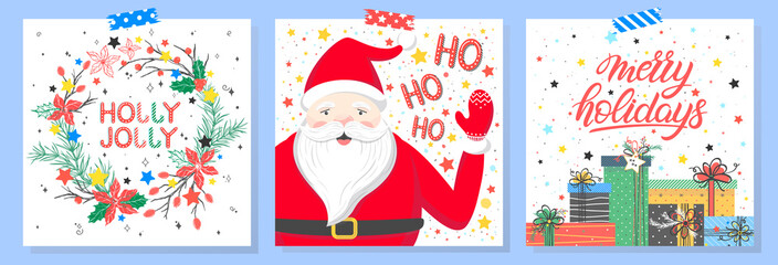 Set of holidays cards with greetings,santa,gift boxes,wreath,snowflakes and stars.Seasons greetings perfect for prints, flyers,cards,invitations and more.Vector holidays illustrations.