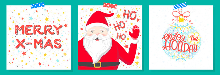 Set of holidays cards with greetings, santa,christmas ball,snowflakes and stars.Seasons greetings perfect for prints, flyers,cards,invitations and more.Vector illustrations.
