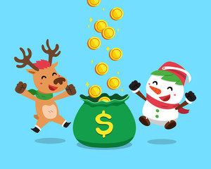 Obraz na płótnie Canvas Vector cartoon christmas snowman and reindeer earning money