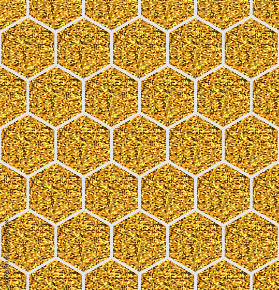 Poster seamless geometric pattern. vector background with gold glitter hexagons.