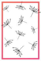 Pink abstract summer cards. Black hand drawn flying dandelion seeds on white background