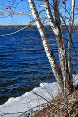 Natural monument - lake Uvildy in late autumn in clear weather, Chelyabinsk region. Russia