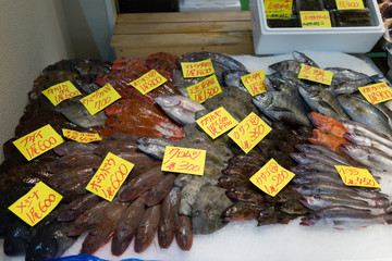 fishes in market hall with yellow signs