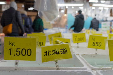 Signs in a fish market hall