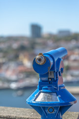 Oporto/Portugal - 10/02/2018 :Detailed view of a public blue monocle, blurred city and blue sky as background