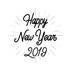 Happy New 2019 Year greeting card. Handwritten ink modern lettering on hand drawn firework background. Vector illustration for design, posters, cards, invitations, gift.