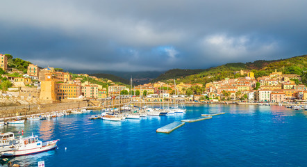 Fototapeta na wymiar View of Rio Marina village and harbour, Elba islands, Tuscany, Italy