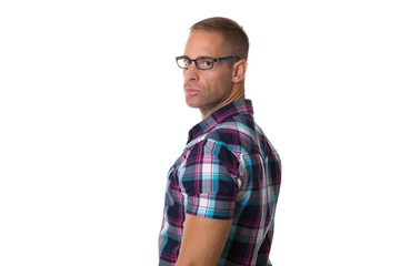 Fototapeta premium young boy with plaid shirt with white background