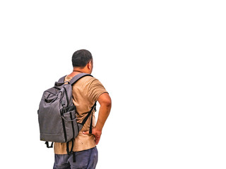 Asian fat backpacker on isolated background.