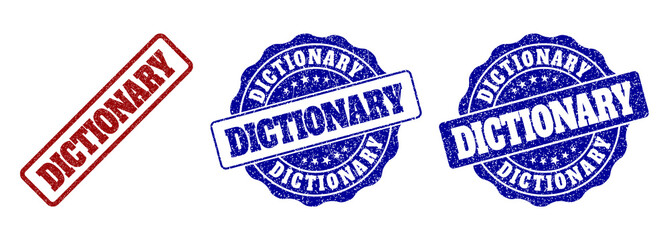 Fototapeta premium DICTIONARY grunge stamp seals in red and blue colors. Vector DICTIONARY imprints with grunge effect. Graphic elements are rounded rectangles, rosettes, circles and text captions.