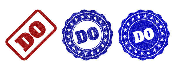 DO grunge stamp seals in red and blue colors. Vector DO labels with scratced effect. Graphic elements are rounded rectangles, rosettes, circles and text captions. Designed for rubber stamp imitations.