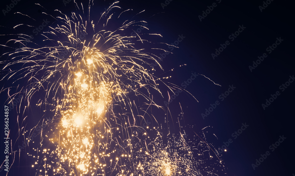 Poster brightly colorful fireworks on twilight background with copy space