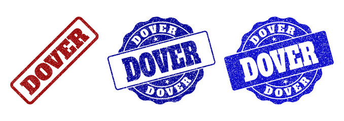 DOVER grunge stamp seals in red and blue colors. Vector DOVER labels with grunge effect. Graphic elements are rounded rectangles, rosettes, circles and text labels.