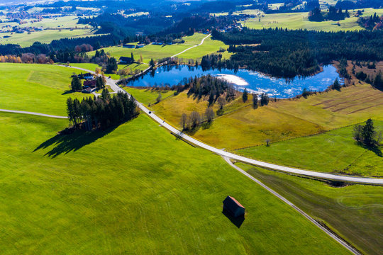 Aerial view Germany, Bavaria, Ostallg&auml;u, region Weilheim-Schongau, Wildsteig, Schwaig lake
