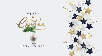 Christmas white banner, invitation, card or flyer. Holiday design with metallic lettering, black, gold and white stars, christmas ball,  tinsel and confetti. Winter festive decoration. Vector eps10