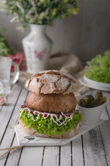 Portobello burger, homemade bun and lettuce