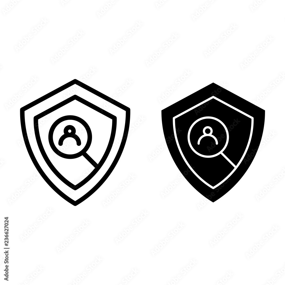 Poster user protection line and glyph icon. shield and user search vector illustration isolated on white. u