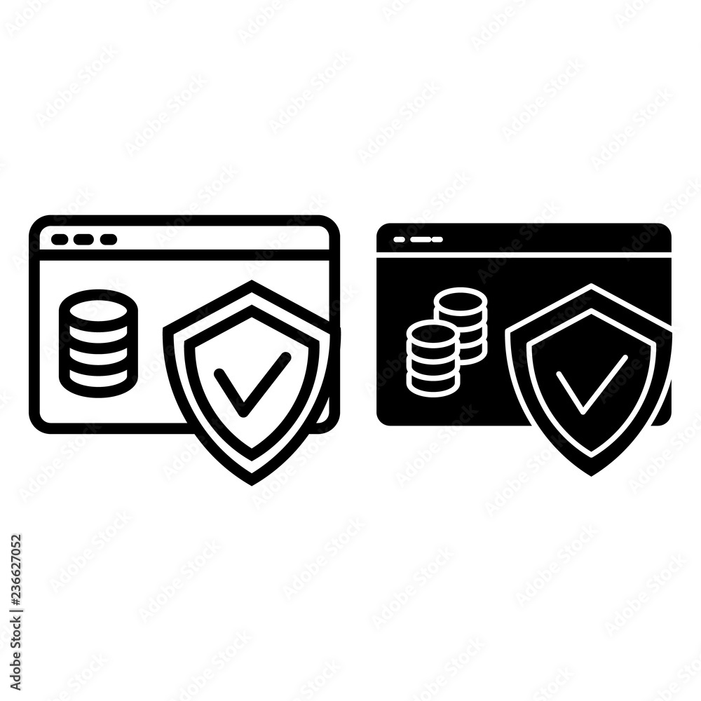 Poster Pile of coins on browser and shield line and glyph icon. Web money protection vector illustration isolated on white. Payment security outline style design, designed for web and app. Eps 10.