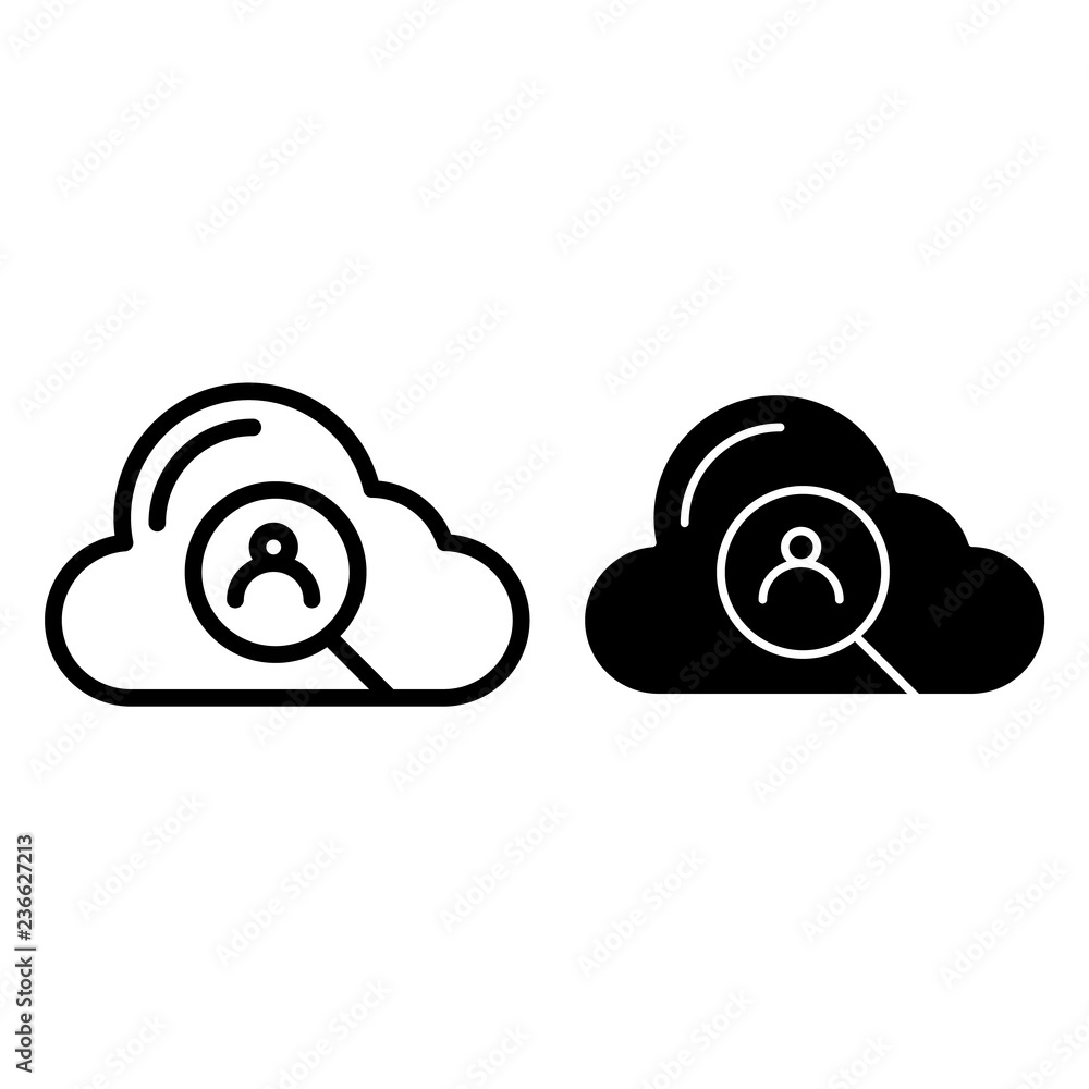 Poster cloud searching line and glyph icon. user search in cloud vector illustration isolated on white. fin