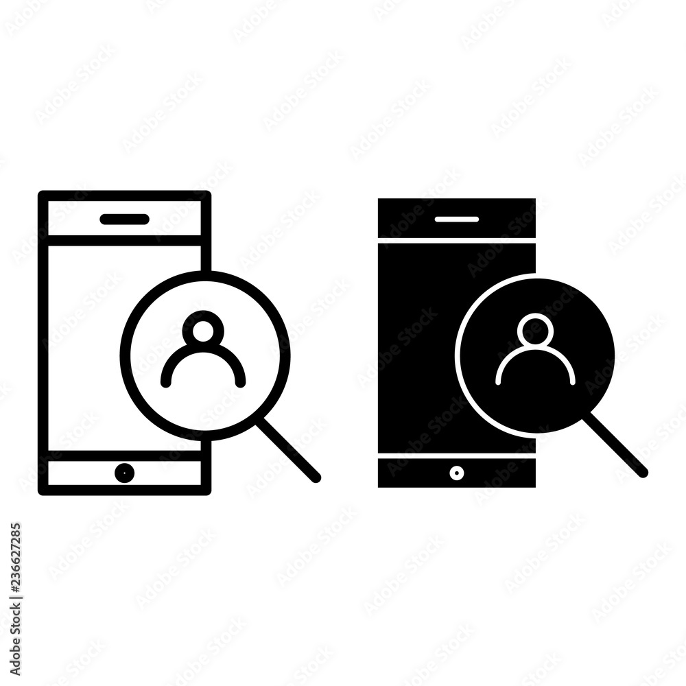 Poster smartphone and magnifying search thin line icon. search contact on smartphone vector illustration is